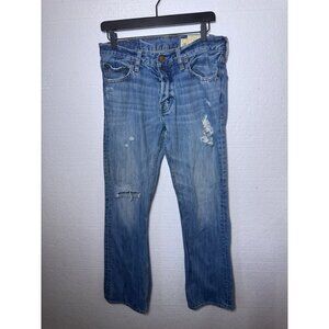 Hollister Mens 30 x 32 Button Fly Medium Wash Denim Boot Cut Ripped Jeans Y2K